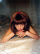 Russian lady Katty in shoulder length dark red wig and thongs